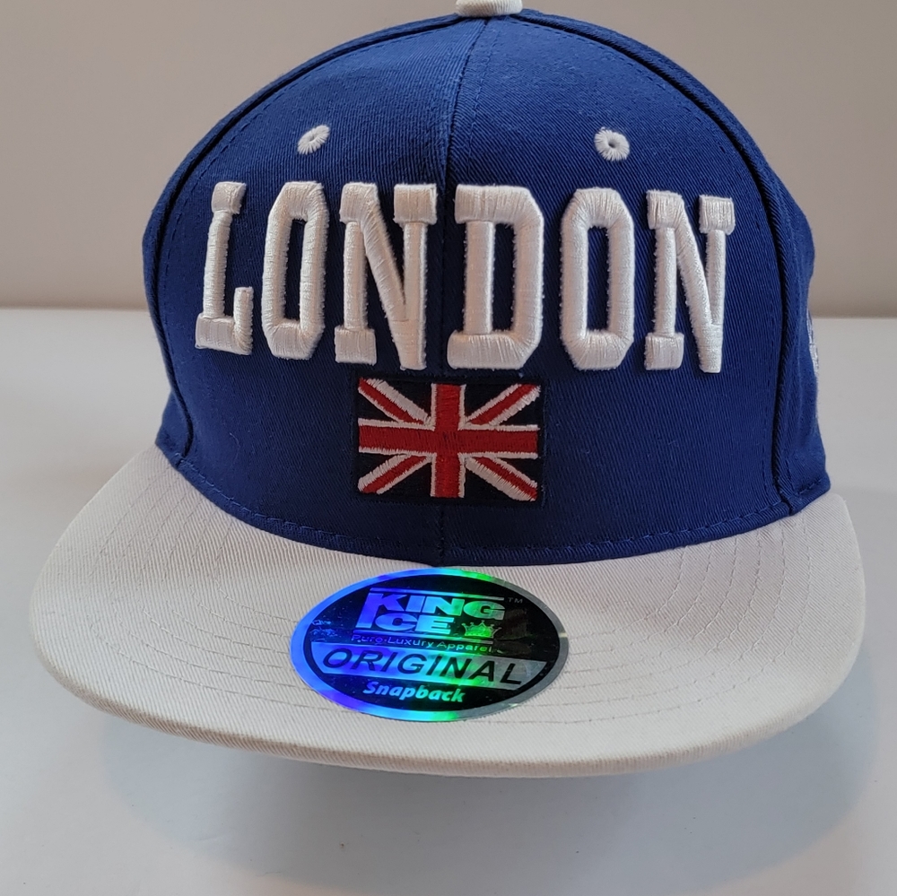 King Ice London Emroidered Snap Back Adjustable Hat Blue/white